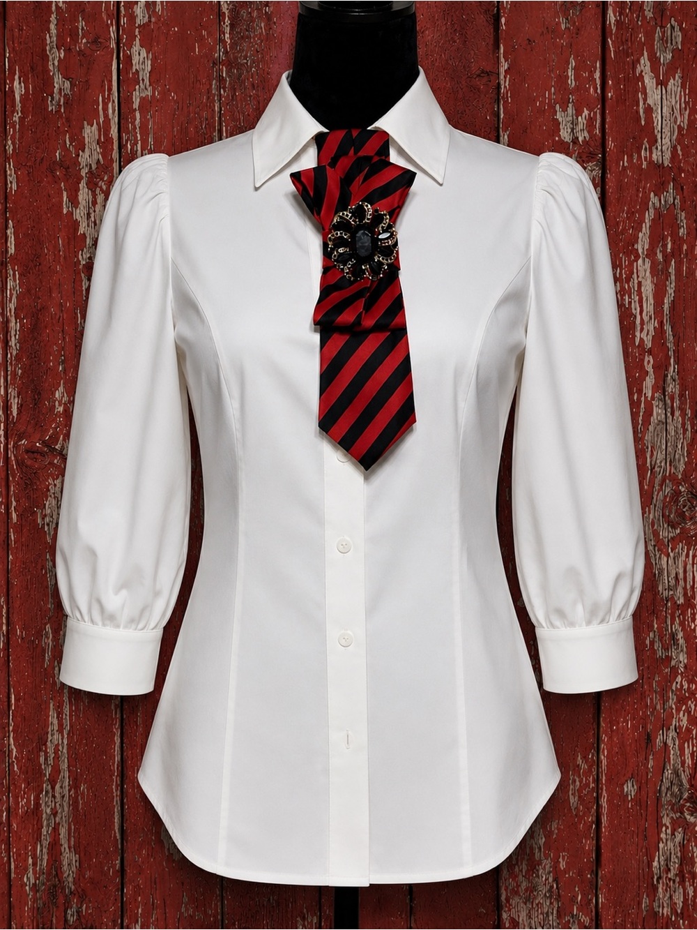 OOAK Red & Black Striped Necktie Tie Necklace w/Stunning Brooch Georgia Bulldogs